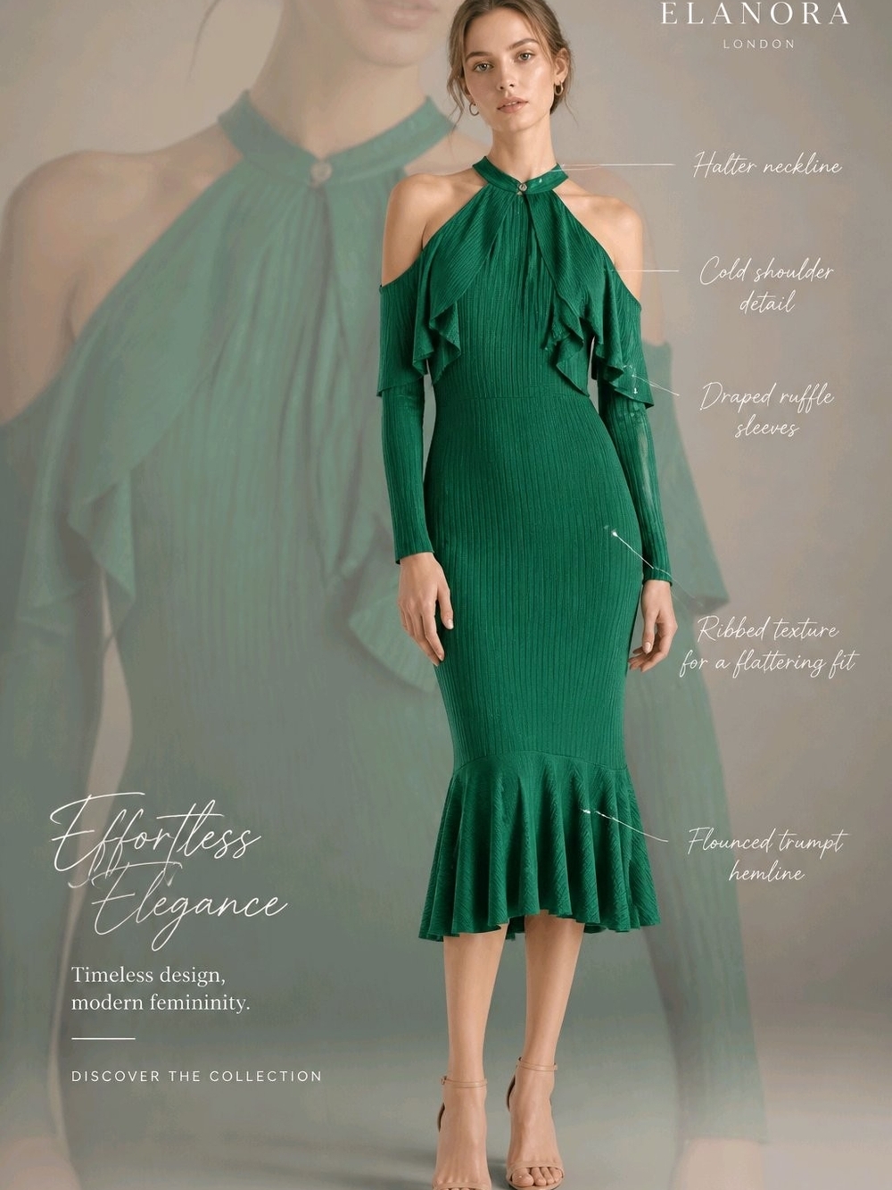 ASOS Green Halter Cold-Shoulder Ruffle Midi Dress